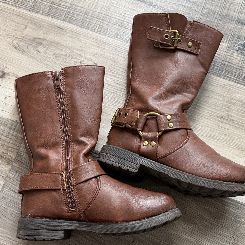 Brown Leather Buckle Boots- kids